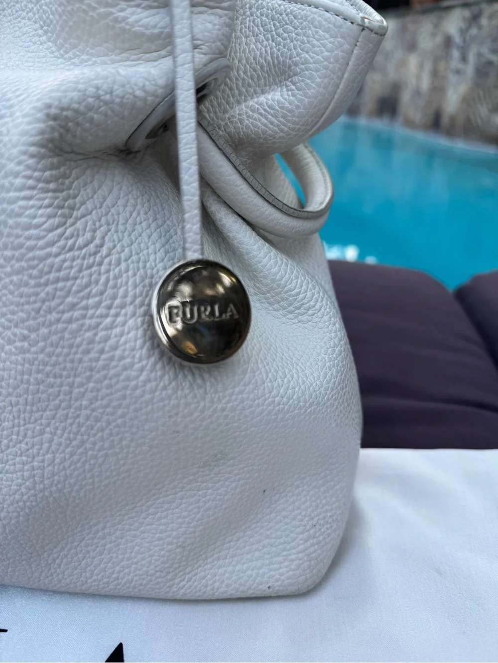 Furla Costanza Pebbled Leather Drawstring Tote White Ivory Shoulder Bag VGUC